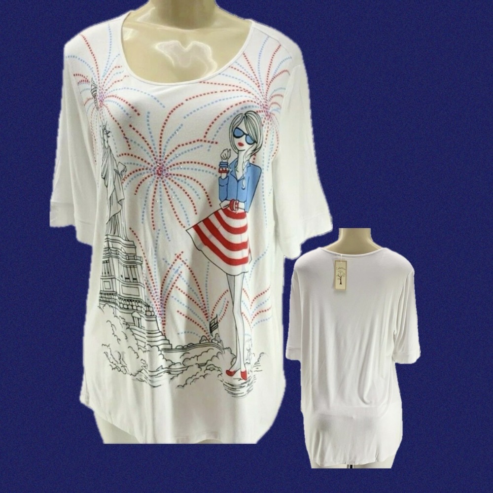 Colortree XL White Statue of Liberty  Patriotic Graphic Studded Short Sleeve Tee